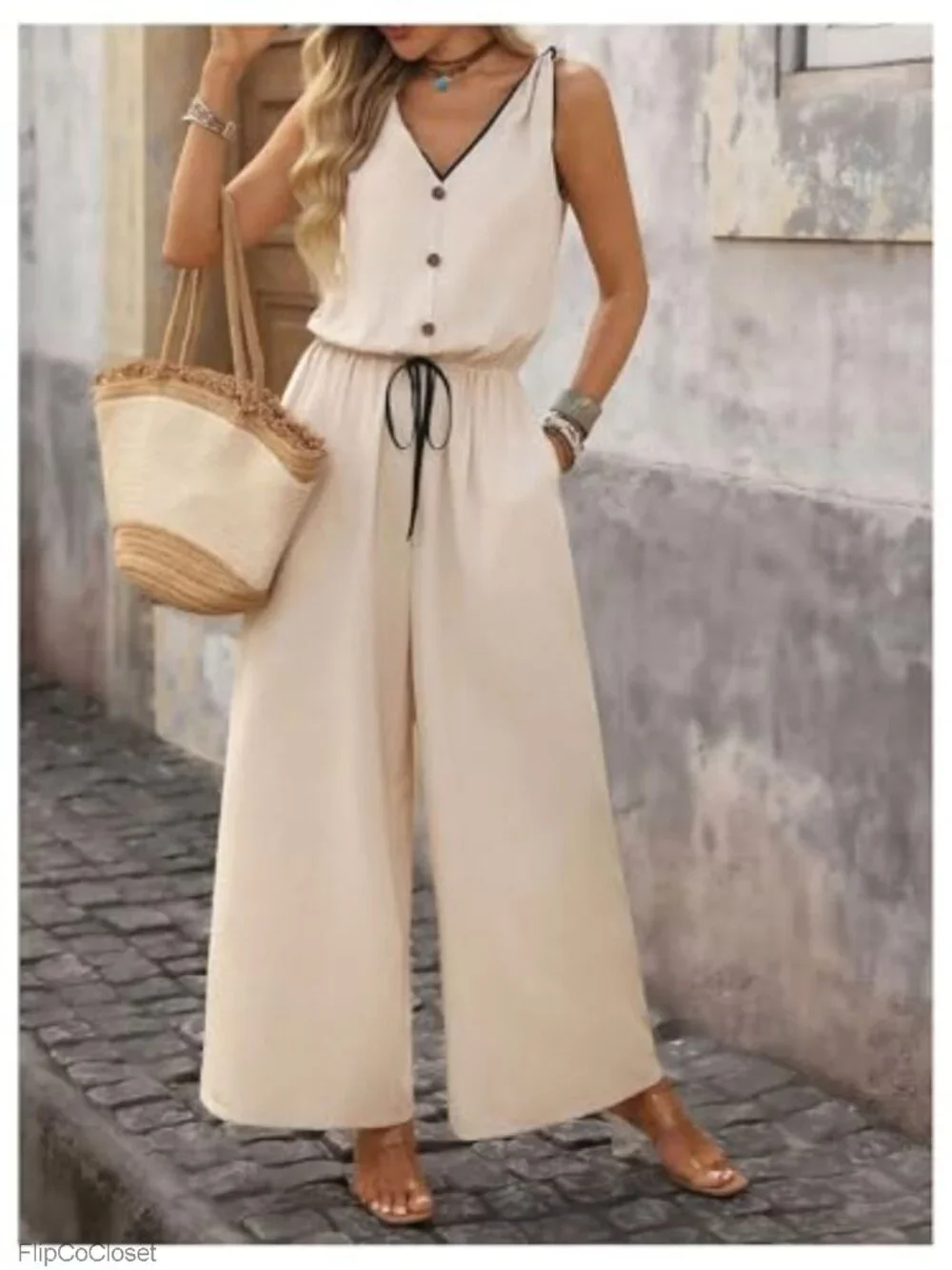 Sleeveless V Neck Button High Waist Summer Jumpsuit
